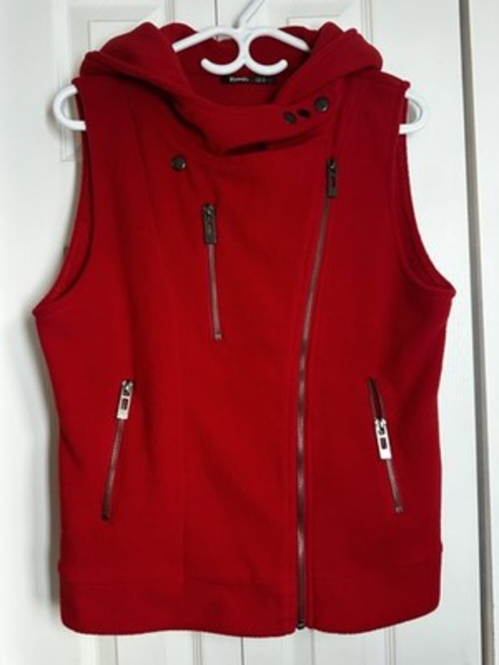 Thanth Red Fleece Hooded Moto Vest with Zipper Pockets #75